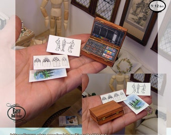 1:12 miniature painting Set, with a case and sheets with sketches, miniature houses, dioramas.. printable digital download, DIY papercraft