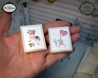 1:12 scale, 2 miniature paints, wood frame, modern dollhouses, DIY printable decor, free video tutorial, Eiffel and Cakes watercolor