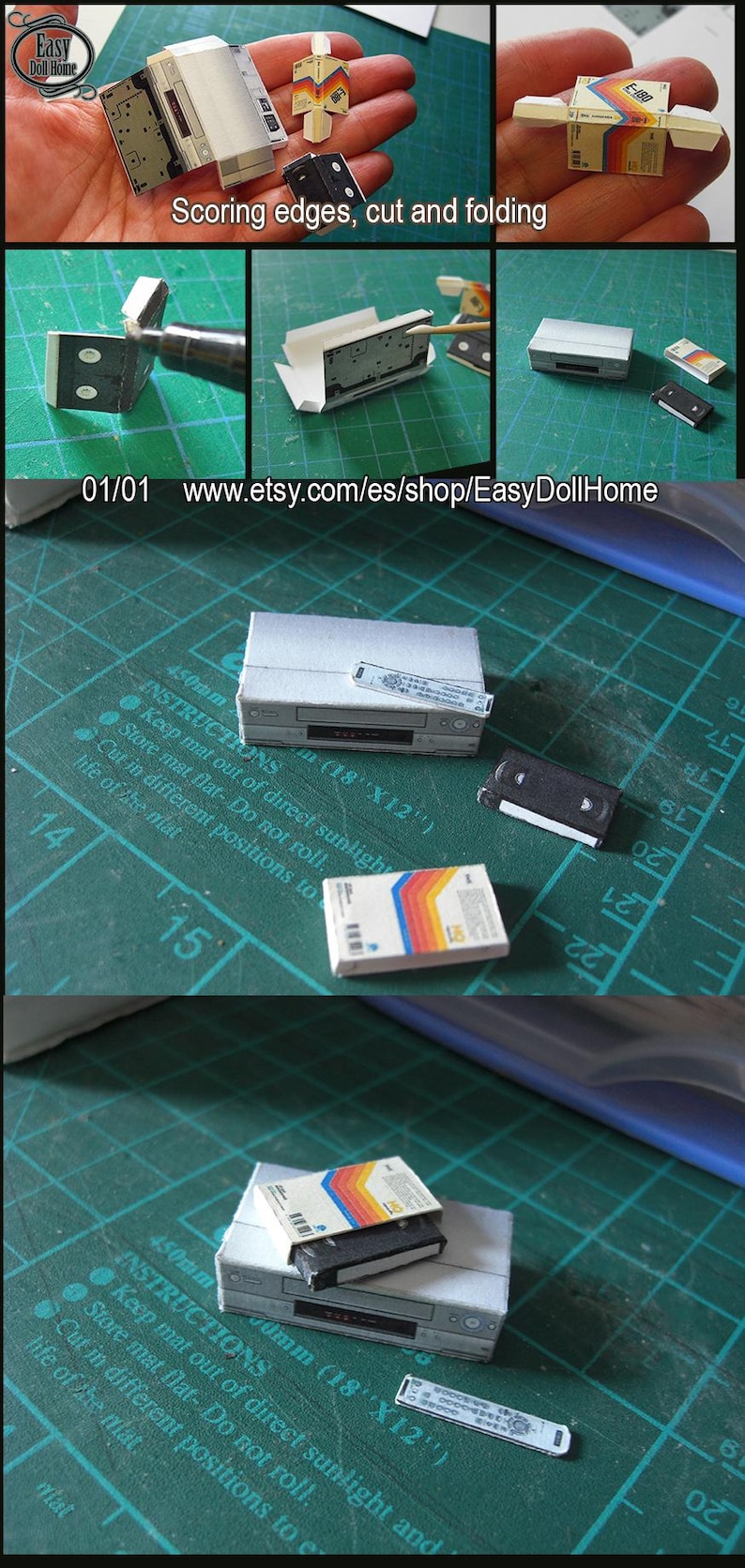May include: A miniature paper craft VCR, VHS tapes, and remote control. The VCR is silver and gray, with a black tape and a remote. The VHS tapes have colorful stripes. The image shows the steps of cutting and folding the paper.