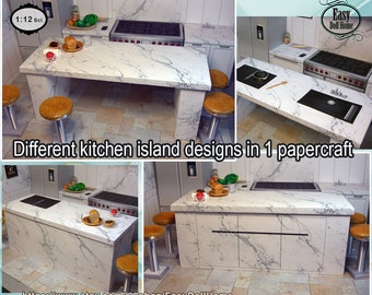 Miniature Marble kitchen island, Many possibilities, sink, cooktop with extractor, drawers or flat front , 1:12 scale, DIGITAL DOWNLOAD, DIY