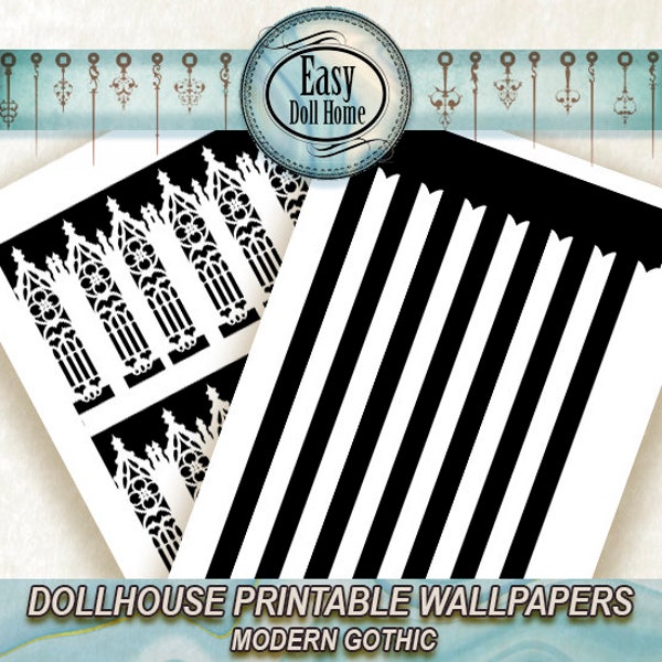 1:6 Printable Dollhouse Wallpaper, Modern Gothic Style, striped panel. Repeating  patterns, Printable miniature DOWNLOAD, Blythe Barbies..