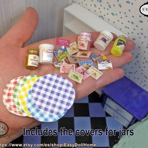 May include: Miniature dollhouse food items, including jars, containers, and colorful labels. The image includes a variety of miniature food items, such as jars of jam, ice cream containers, and small labels. Also included are colorful gingham jar covers.