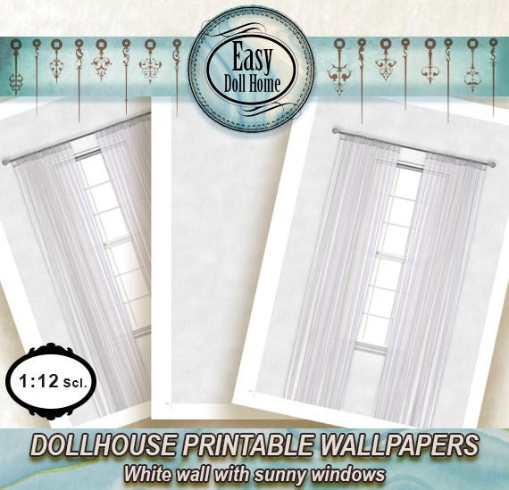 1:12 scale dollhouse wallpaper, white stucco wall  and sunny windows. Repeating  patterns, Printable digital download, Diy miniatures.