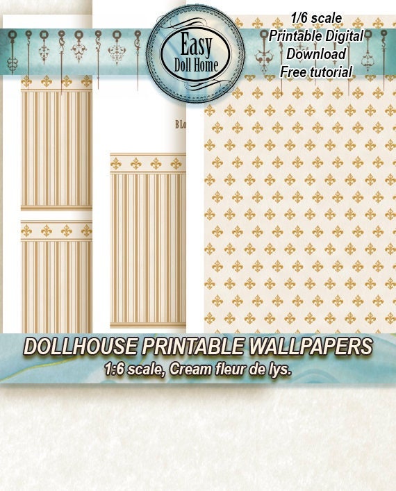 1 6 Printable Dollhouse Wallpaper Cream Fleur De Lis Striped Etsy Ireland