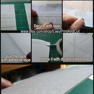 May include: A series of instructional images showing the process of assembling a paper craft project. The steps include cutting, gluing, and taping patterned paper. Text on the images includes "Secure with tape" and "Paste it with double-sided tape."