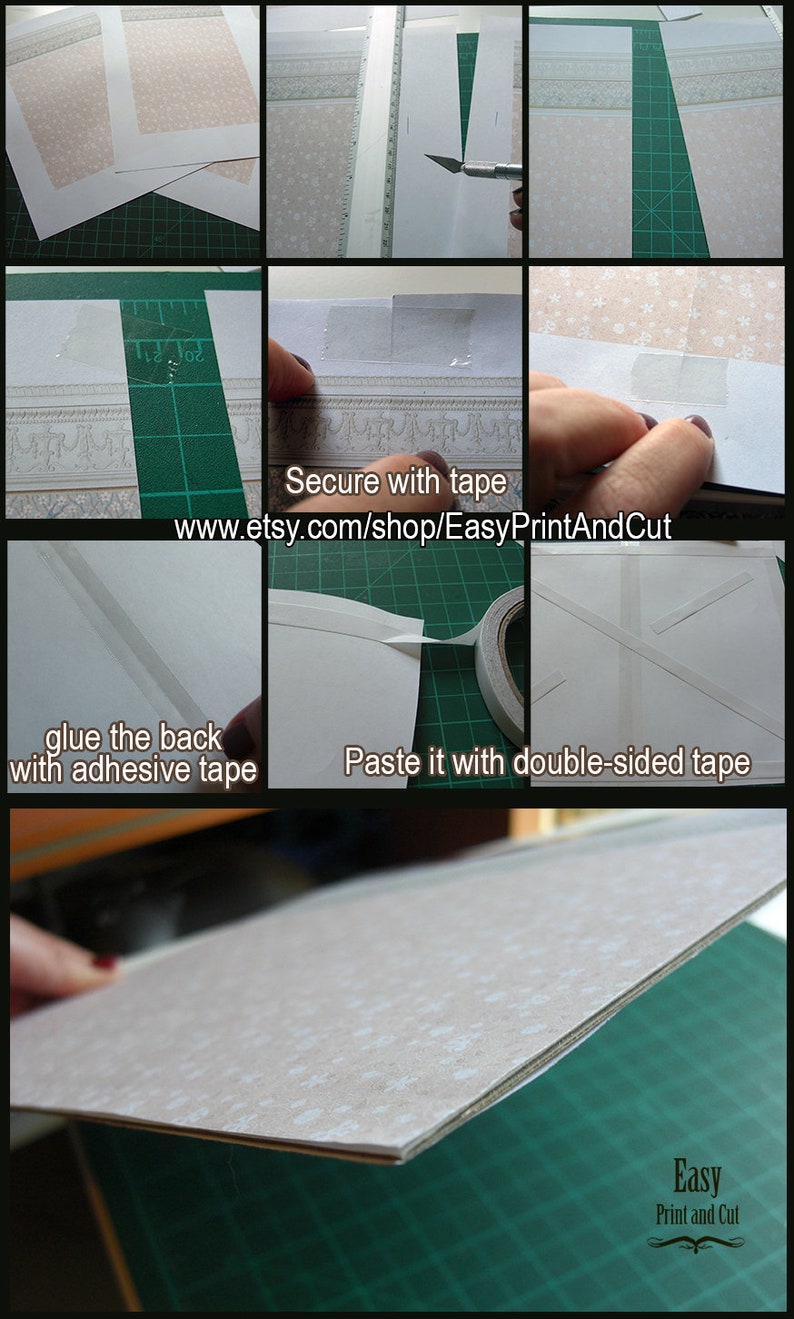 May include: A series of instructional images showing the process of assembling a paper craft project. The steps include cutting, gluing, and taping patterned paper. Text on the images includes "Secure with tape" and "Paste it with double-sided tape."