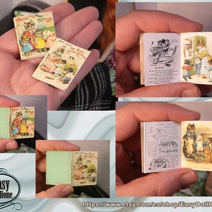 May include: Four miniature books with colorful illustrations of kittens. The books are open to show the pages with text and illustrations. The books are held in hands for scale.