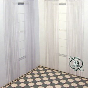 May include: Miniature dollhouse window with sheer white curtains. The curtains are hung on a silver rod. The room has white walls and a patterned floor. The text "1:12 scl." is in the upper left corner.