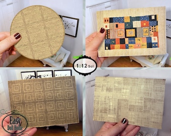 May include: Four different miniature rugs for dollhouses. The rugs are in various patterns and colors, including beige, brown, and a multi-colored patchwork design. The rugs are 1:12 scale.