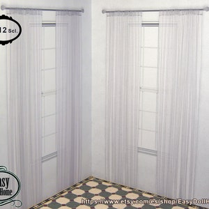 May include: Two sheer white curtains hanging in front of a window. The curtains are made of a lightweight, semi-transparent fabric. The image includes the text "1:12 scl." and the logo "Easy Doll Home".