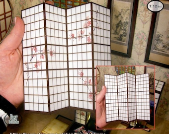 Japanese Folding Screen Miniature | 4 Panel Byobu | 1:12 Dollhouse Printable DIY