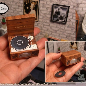 1:12 miniature Turntable, music record player, Authentic reproduction, with a record, easy tutorial, DIY printable DOWNLOAD, dollhouse.