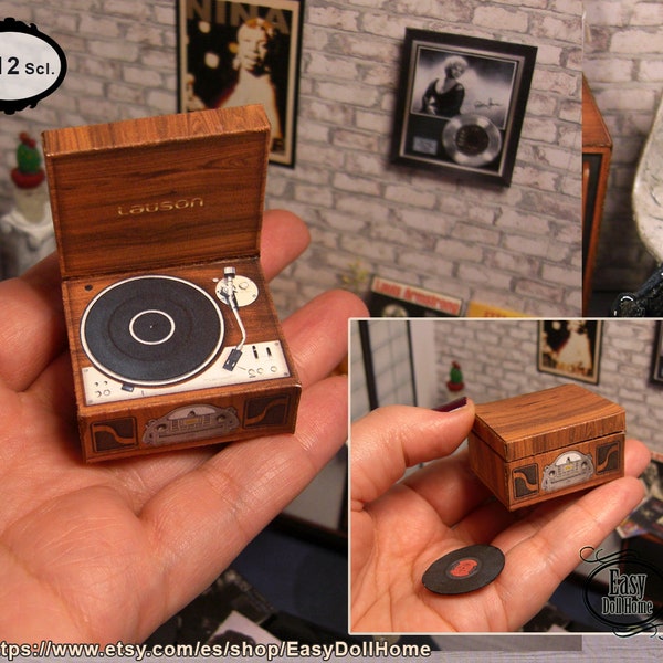 Platine vinyle miniature à l'échelle 1:12, tourne-disque, reproduction authentique, avec un disque, tutoriel facile, téléchargement numérique imprimable DIY, maison de poupée.