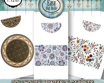 May include: Four printable dollhouse carpets in various styles and colours. The carpets include a round rug with a brown and beige pattern, a rectangular rug with a floral pattern in shades of purple, blue, and white, and two half-circle rugs with floral patterns in shades of red, orange, and blue.