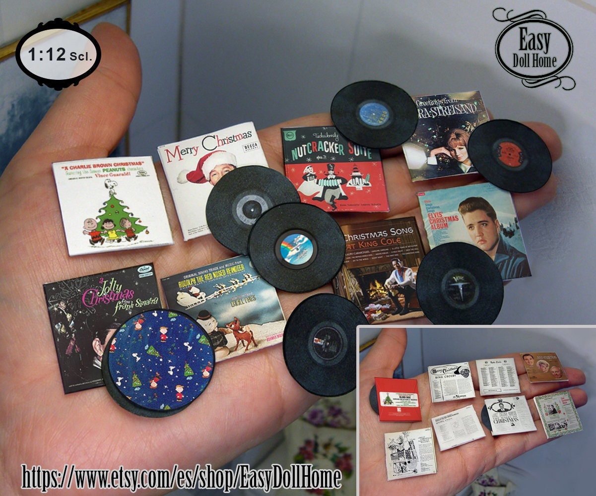 1:12 scale Music Christmas Vintage albums, Authentic reproductions, covers and records free easy tutorial, DIY printable DOWNLOAD tutorial