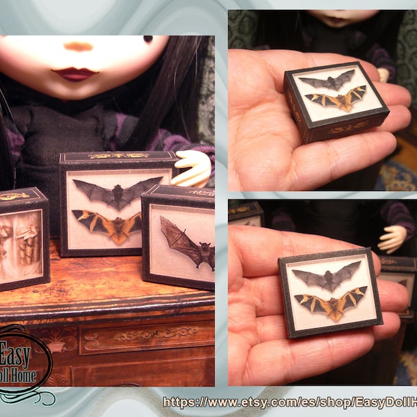 Printable miniature 1:6 two Bats shadow box. Digital download. Miniature for doll houses, Easy free tutorial, for Blythe Barbie Pullip..