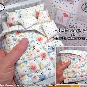 1:12 scale miniature quilt, two sides and two sizes, pastel roses and green stars, modern dollhouse, digital download, easy tutorial DIY.