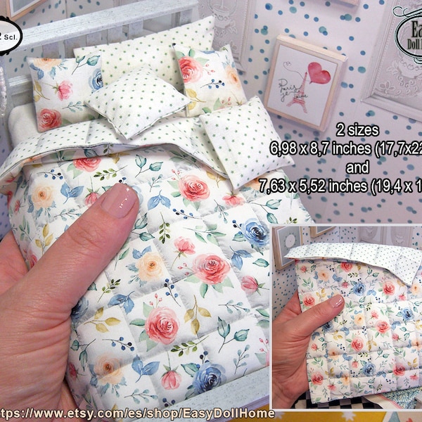 1:12 scale miniature quilt, two sides and two sizes, pastel roses and green stars, modern dollhouse, digital download, easy tutorial DIY.
