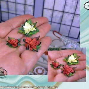 May include: Five miniature paper poinsettia flowers in red and white, with green leaves, for dollhouse decor. 1:12 scale.