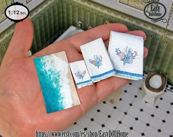 1:12 Miniature Blue Sea Towels Set, 3 towels and the bath mat, Printable Digital download, DIY papercraft or printable fabric with tutorial.