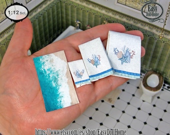 1:12 Miniature Blue Sea Towels Set, 3 towels and the bath mat, Printable Digital download, DIY papercraft or printable fabric with tutorial.