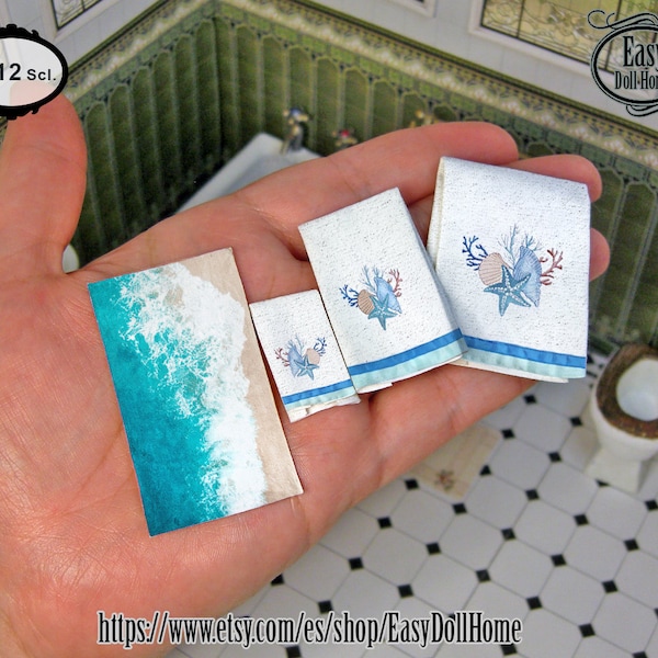 1:12 Miniature Blue Sea Towels Set, 3 serviettes et le tapis de bain, Téléchargement numérique imprimable, DIY papercraft ou tissu imprimable avec tutoriel.