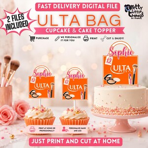 Op de afbeelding: Een digitaal bestand voor Ulta Beauty cupcake- en taarttoppers met een oranje tasontwerp, de naam Sophie, het getal 12 en make-up illustraties zoals een poederdoos, lippenstift en kwast op een wit stokje.