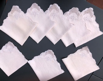 Lot de 8 serviettes de table en coton, anciennes brodées, blanc ivoire