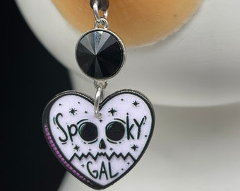 Spooky Gal Heart Dangle with Black Rhinestone Silver Tone