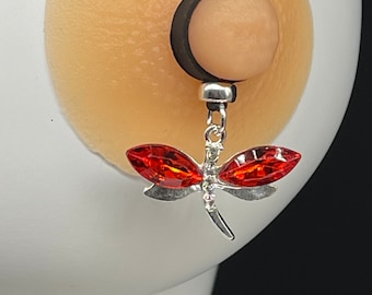 Light catching red rhinestone dragonfly silver tone with clear rhinestones in center