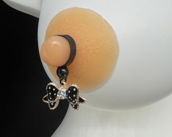 Black bowknot, gold tone, clear rhinestone, white polka dots, acrylic slider bead for adjustable fit