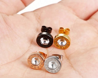 CZ Stud Earrings, Roman Numeral Clock Earrings in 4 Colors