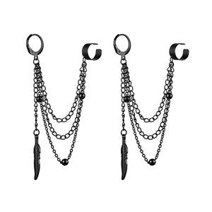 Long Hoop Drop Feather Earrings, Chain Earrings with Cuff