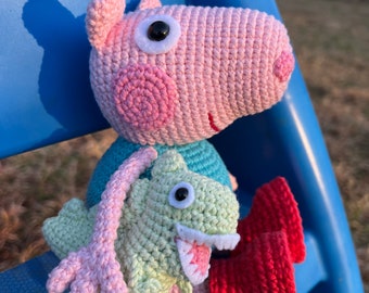 George Pig with welly boots and Mr.dinosaur crochet pattern