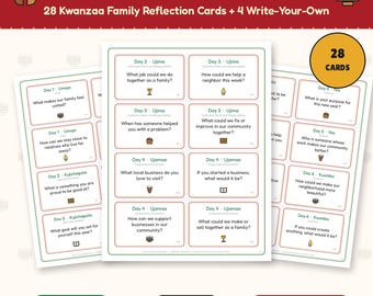 Kwanzaa Family Conversation Cards Printable, 28 Reflection Questions for 7 Principles, Nguzo Saba Table Talk, Kids & Elders PDF