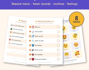 Kit imprimible de rutinas familiares, menú de recompensas para niños, tablero de fichas, tabla de rutinas matutinas y nocturnas, tarjetas con imágenes, tabla de emociones, PDF