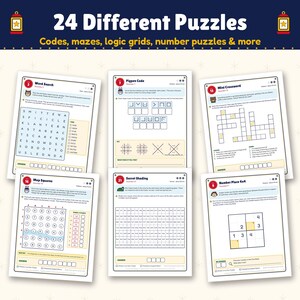 Op de afbeelding: Een verzameling van zes puzzelwerkbladen met diverse uitdagingen zoals woordzoekers, pigpen-codes, minikruiswoordraadsels, kaartvierkanten, geheime arceringen en 4x4-cijferroosters, getiteld 24 Different Puzzles met codes en logische rasters.