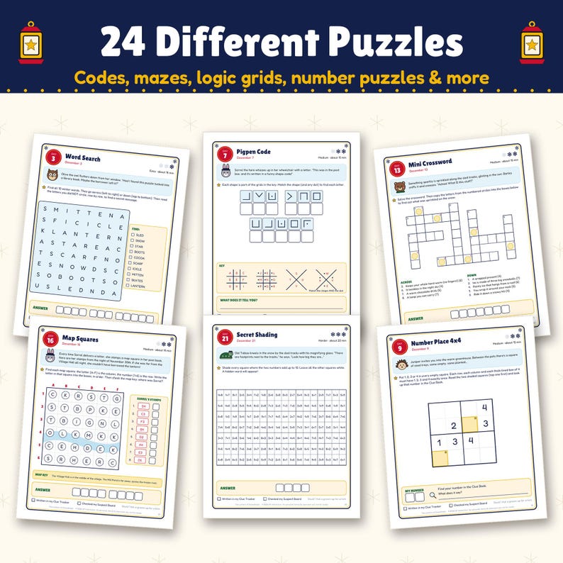 Op de afbeelding: Een verzameling van zes puzzelwerkbladen met diverse uitdagingen zoals woordzoekers, pigpen-codes, minikruiswoordraadsels, kaartvierkanten, geheime arceringen en 4x4-cijferroosters, getiteld 24 Different Puzzles met codes en logische rasters.