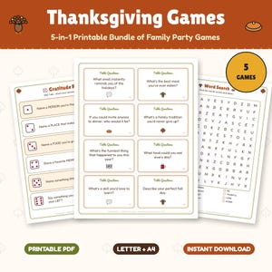 Utskrivbart Thanksgiving-spelpaket: Tacksamhetsrulle, konversationskort, enkätlopp, frågesport, barnaktiviteter bild 1