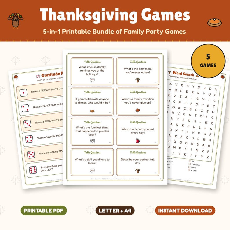 Utskrivbart Thanksgiving-spelpaket: Tacksamhetsrulle, konversationskort, enkätlopp, frågesport, barnaktiviteter bild 1