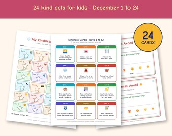 Nedräkning till vänlighet utskrivbar, 24-dagars vänlighetskort för barn, adventskalender för december, vänlighetsspårare och utmärkelse, PDF