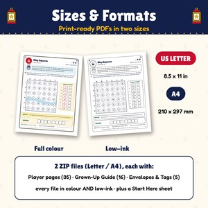 Op de afbeelding: Twee printbare PDF-activiteitsbladen getiteld Map Squares, &eacute;&eacute;n in full colour en &eacute;&eacute;n in inktbesparend formaat. De bladen bevatten een rasterpuzzel, instructies en een kaartlegenda. De afmetingen zijn 8,5 x 11 inch en 210 x 297 mm.