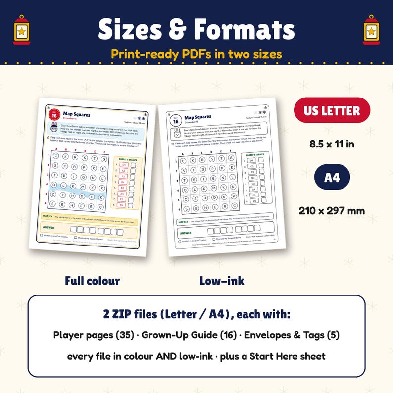 Op de afbeelding: Twee printbare PDF-activiteitsbladen getiteld Map Squares, &eacute;&eacute;n in full colour en &eacute;&eacute;n in inktbesparend formaat. De bladen bevatten een rasterpuzzel, instructies en een kaartlegenda. De afmetingen zijn 8,5 x 11 inch en 210 x 297 mm.