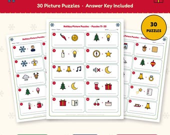 Christmas Picture Puzzle Game Printable, 30 Rebus Puzzles with Answer Key, Holiday Party Game for Kids & Adults, Classroom Office Game