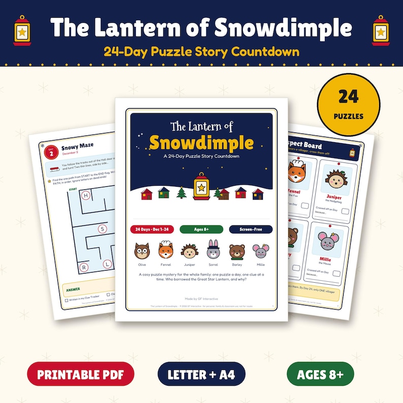 Op de afbeelding: Een 24-daagse puzzelverhaal-aftelling getiteld The Lantern of Snowdimple, met printbare pagina's inclusief een besneeuwd doolhof, een verdachtenbord met dierenkarakters en een centrale omslagpagina met gekleurde huisjes.
