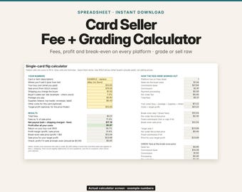 Trading Card Seller Fee and Grading Profit Calculator, Card Flip ROI Spreadsheet, Sales Log, Excel and Google Sheets Download