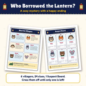 Op de afbeelding: Een mysteriespel getiteld Who Borrowed the Lantern? met een Meet the Villagers-pagina met zes dierenkarakters en een Suspect Board-pagina met selectievakjes om aanwijzingen bij te houden. Het spel bevat 6 dorpelingen, 24 aanwijzingen, 1 bord.