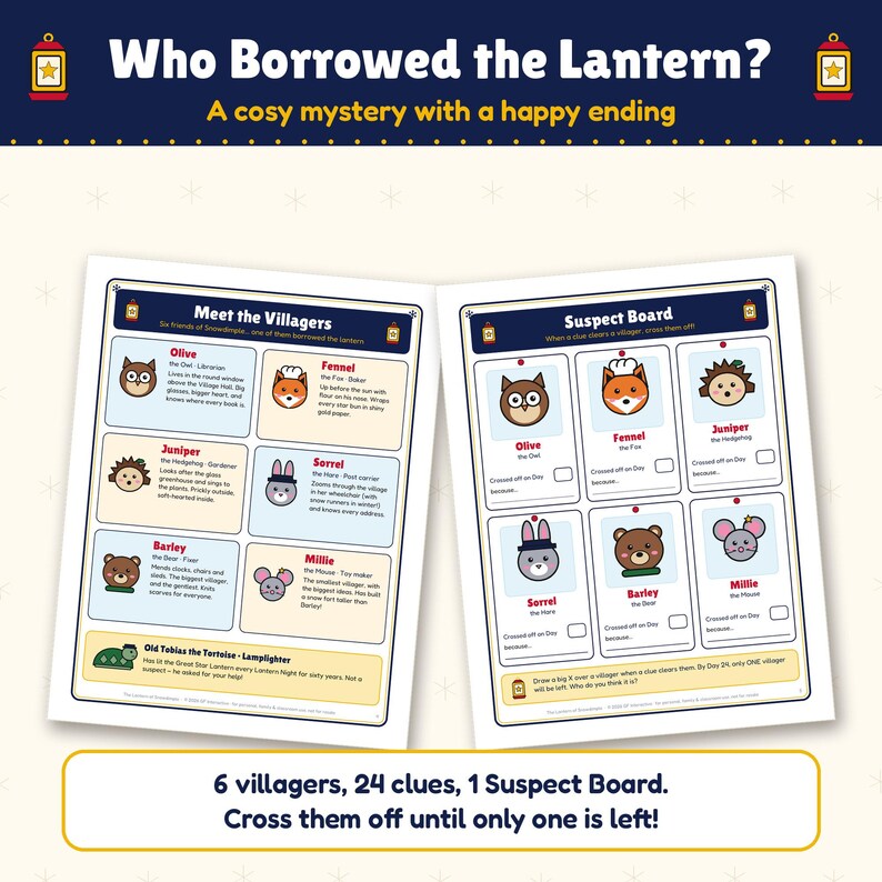 Op de afbeelding: Een mysteriespel getiteld Who Borrowed the Lantern? met een Meet the Villagers-pagina met zes dierenkarakters en een Suspect Board-pagina met selectievakjes om aanwijzingen bij te houden. Het spel bevat 6 dorpelingen, 24 aanwijzingen, 1 bord.