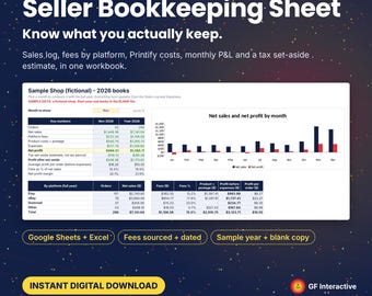May include: A digital bookkeeping sheet for Etsy, eBay, and Gumroad sellers. The graphic displays a sample 2026 workbook with a sales log, monthly profit and loss tables, and a bar chart showing net sales and net profit by month.