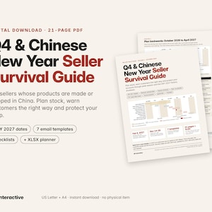 Może przedstawiać: 21-stronicowy cyfrowy przewodnik PDF zatytułowany Q4 & Chinese New Year Seller Survival Guide. Dokument zawiera harmonogram, listy kontrolne, 7 szablon&oacute;w wiadomości e-mail oraz planer XLSX dla sprzedawc&oacute;w produkt&oacute;w z Chin.